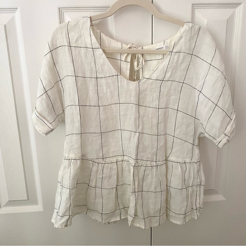 Mango 100% Linen Peplum Windowpane Ruffle Blouse with Bows and V-neck